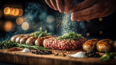 A captivating image showcasing raw meat being seasoned with herbs and spices, highlighting culinary preparation and freshness. Ideal for food enthusiasts.の素材