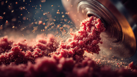 Close-up of freshly ground meat flowing from a grinder, highlighting the texture and quality of the ingredient. Ideal for food-related projects.の素材