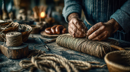 Detailed close-up of hands tying natural twine in a rustic workshop, showcasing a rich atmosphere filled with crafting materials and tools.の素材