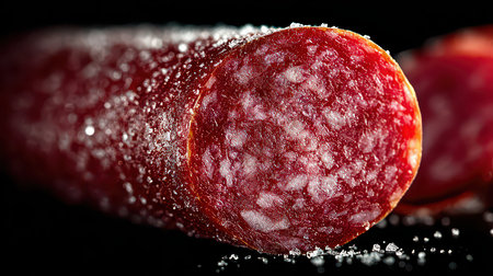 A close-up view of a sliced salami showcases its rich red color and seasoned texture, perfect for culinary displays or gourmet food photography.の素材