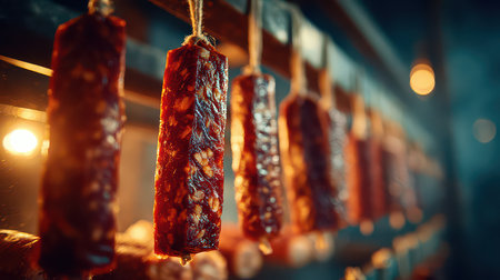 Vibrant meat sticks hang in a rustic market, showcasing skillful craftsmanship and rich flavors. Ideal for food enthusiasts and culinary art lovers.の素材