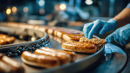 A worker in gloves selects freshly cooked sausages from a conveyor belt in a busy food processing facility, showcasing efficient production and hygiene standards.の素材