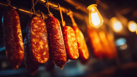 A captivating image featuring cured sausages hanging under warm lights in a rustic setting, evoking traditional food markets and artisanal craftsmanship.の素材