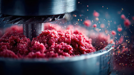 A striking close-up image of fresh ground meat in a meat grinder, showcasing the rich texture and vibrant color. Ideal for culinary and food industry visuals.の素材