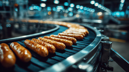 A close-up view of freshly cooked sausages moving along a conveyor belt in a modern food factory. This image captures the efficiency and professionalism of food production.の素材