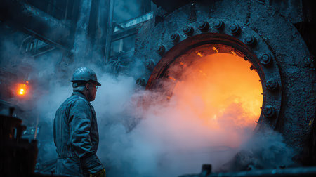 A lone worker stands before a massive furnace engulfed in flames and smoke, highlighting the intensity and energy of industrial metal production.の素材