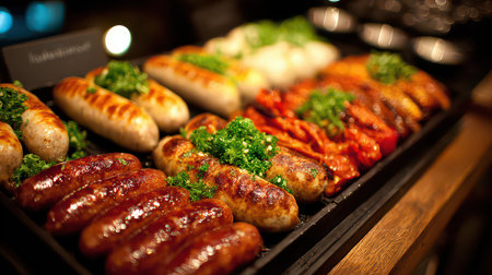 A vibrant assortment of grilled sausages arranged on a wooden platter, garnished with fresh herbs, ideal for gatherings, barbecues, and culinary presentations.の素材