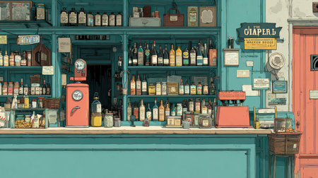 Explore a vibrant and inviting vintage shop interior featuring colorful shelves stocked with various bottles and charming decor that captures a nostalgic atmosphere.の素材