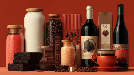 A captivating display of culinary elements including coffee, sugar, chocolate, and beverages against a vibrant red backdrop, showcasing modern food styling.の素材