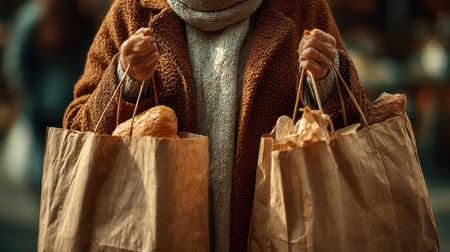 A person holds two paper bags filled with groceries in an urban setting. The scene captures the essence of convenient shopping while promoting sustainability.の素材