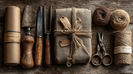 Explore a charming arrangement of craft tools and materials on a rustic wooden table, capturing the essence of creativity and artisanal craftsmanship.の素材