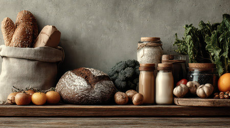A rustic kitchen scene showcasing fresh bread, vibrant vegetables, and jars of ingredients. Ideal for promoting healthy cooking and natural living.の素材