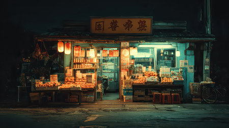 An inviting night market stall featuring a vibrant display of fresh fruits and vegetables. The bright lights and colorful arrangements create a lively atmosphere in the urban setting.の素材