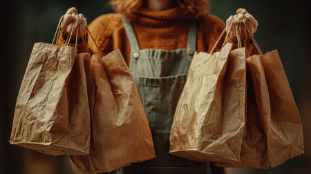 A young woman stands outdoors, cheerfully holding multiple paper bags, dressed in a cozy sweater and overalls. This image conveys a warm, inviting autumn atmosphere.の素材