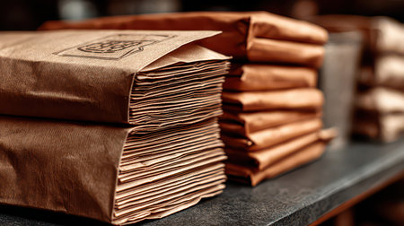 A collection of neatly stacked brown paper bags resting on a dark counter, showcasing their rustic texture and eco-friendly appeal, perfect for various retail and food service needs.の素材