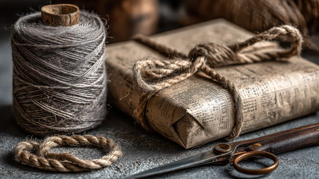 A beautifully arranged flat lay featuring rustic packaging with twine, scissors, and thread. Ideal for craft, gift wrapping, or artistic inspiration themes.の素材