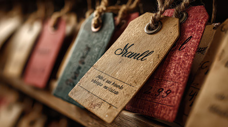 A collection of vintage wooden tags featuring handwritten names, showcasing rustic charm and artistry. Ideal for craft projects, decor, or organization.の素材