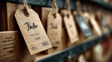 A collection of rustic price tags hanging on a wooden shelf create an inviting atmosphere in a cozy shop. The earthy tones enhance the charm.の素材