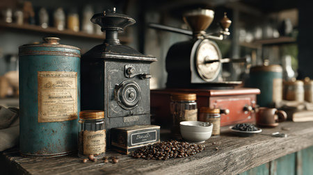 Collection of vintage coffee equipment and fresh coffee beans arranged on a rustic wooden table, showcasing the art of coffee brewing and a cozy atmosphere.の素材