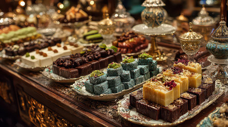 An elegant arrangement of vibrant traditional Middle Eastern sweets on display. Various textures, colors, and flavors create an inviting treat for celebrations and gatherings.の素材