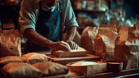 An artisan baker skillfully prepares dough at a rustic bakery, surrounded by brown paper bags. The warm and cozy atmosphere highlights craftsmanship and passion for baking.の素材