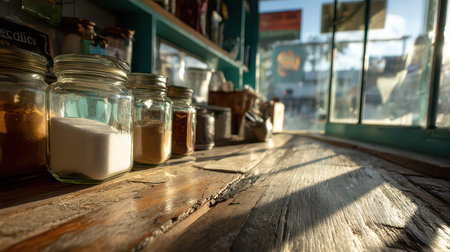 A cozy kitchen counter adorned with jars of spices and sugar illuminated by warm sunlight. The rustic wooden surface adds charm to culinary preparation.の素材
