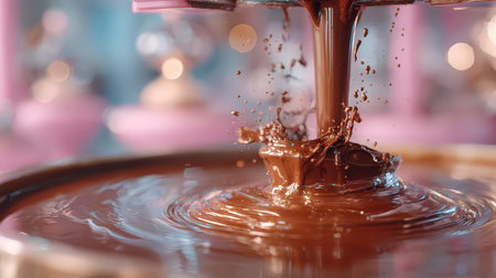 Close-up of rich chocolate melting and flowing from a fondue fountain, creating a visually captivating dessert experience perfect for celebrations.の素材
