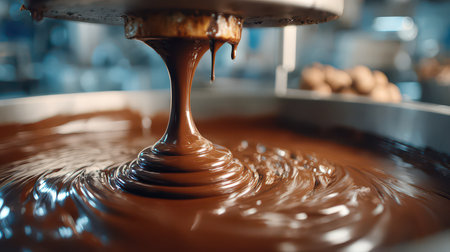 Close-up view of liquid chocolate flowing smoothly from an industrial machine, showcasing the creamy texture and rich color, perfect for culinary applications.の素材