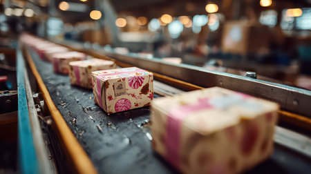 Packages in vibrant designs move along a conveyor belt in an industrial warehouse, showcasing the intricate process of packaging and delivery. Ideal for logistics and production themes.の素材