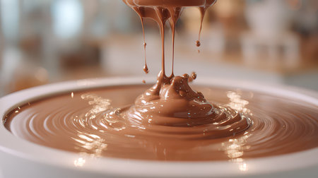 Close-up of rich, smooth chocolate melting and swirling in a bowl, creating a tempting and indulgent dessert experience perfect for special occasions and sweet lovers.の素材