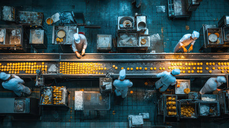 A busy industrial kitchen showcases chefs preparing citrus fruits on a conveyor belt. The organized workspace highlights food preparation skills and teamwork.の素材