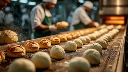 This image captures freshly baked bread rolls cooling on a production line in a bustling bakery. Skilled chefs work efficiently, showcasing the art of baking.の素材