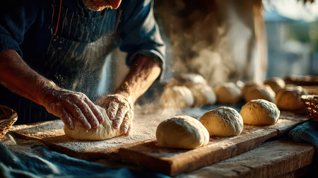 An artisan baker skillfully kneads dough in a rustic bakery, surrounded by flour dust and warm lighting. Experience the essence of traditional bread-making.の素材