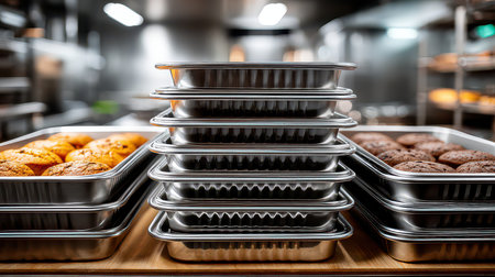 A modern bakery kitchen showcases trays stacked with fresh muffins and brownies, highlighting the art of baking and the warm ambiance of a bustling workspace.の素材
