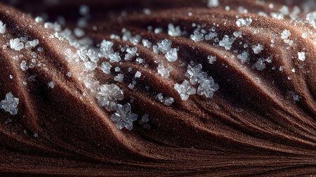 This stunning close-up showcases a luxurious brown fabric adorned with intricate white crystals. Perfect for culinary, decorative, or artistic themes.の素材