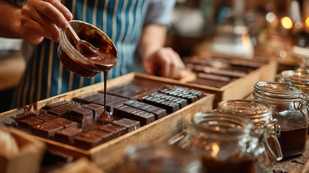 Experience the artistry of chocolate making in this rustic workshop. A skilled individual pours rich chocolate into molds, highlighting craftsmanship and culinary creativity.の素材