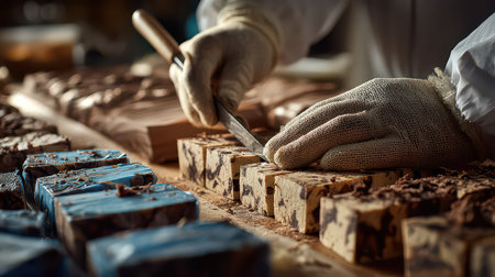 A skilled craftsman meticulously slicing artisan soap in a workshop. The dedication to quality and detail showcases the beauty and charm of handmade soaps.の素材