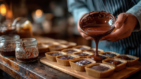 A skilled chocolatier pours luscious melted chocolate into cupcake molds, showcasing the artistry of dessert preparation in a cozy kitchen setting.の素材