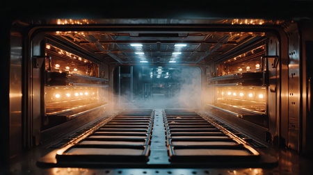 A detailed interior view of a modern oven showcasing warm ambient lighting and steam, highlighting its advanced technology and sleek design for culinary enthusiasts.の素材