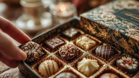 A beautifully arranged gift box of assorted chocolates showcases luxurious confections. This close-up captures the elegance of handmade treats, perfect for any occasion.の素材
