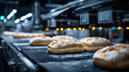 Experience the art of baking in a modern facility, featuring freshly baked loaves on a conveyor. Perfect for culinary and food production themes.の素材