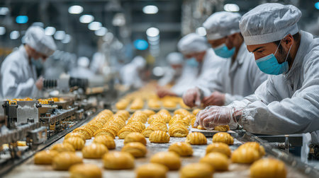 A scene in a busy bakery where focused workers process fresh pastries efficiently while adhering to safety and hygiene standards, showcasing industrial food production.の素材