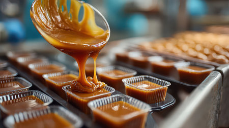 A close-up of smooth caramel sauce being poured into small dessert cups in a professional kitchen setting, showcasing the rich texture and delicious appeal of handmade sweets.の素材