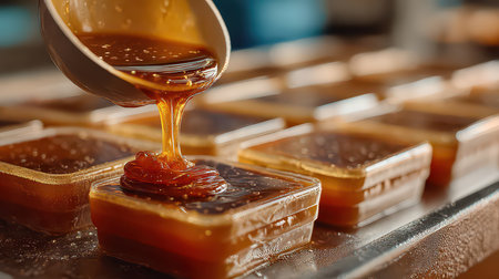 A close-up capture of rich, golden syrup being poured over dessert squares, showcasing delicious textures and kitchen artistry in a warm setting.の素材