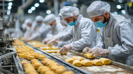 Workers in protective gear focus on preparing baked goods on a production line in a factory, showcasing teamwork and attention to hygiene in food manufacturing.の素材