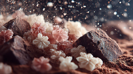 This stunning close-up captures a beautiful arrangement of chocolate and sugar crystals, showcasing delicate textures and an artistic flair perfect for culinary-themed projects.の素材