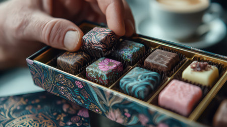 A close-up view of a hand reaching for a colorful assortment of chocolates in an elegantly designed box, highlighting the intricate packaging and inviting flavors.の素材