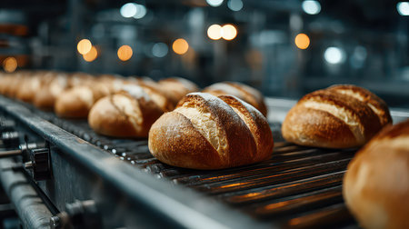 Freshly baked bread rolls rest on a production line in an industrial bakery, showcasing their golden crust and warm texture, perfect for various culinary uses.の素材