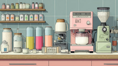 A beautifully arranged kitchen countertop featuring vintage appliances, colorful jars, and essential ingredients, creating a cozy and inviting atmosphere for cooking and brewing.の素材