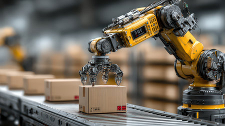 Robotic arm efficiently handles boxes on a conveyor in a busy warehouse, showcasing modern automation technology in logistics and packaging operations.の素材
